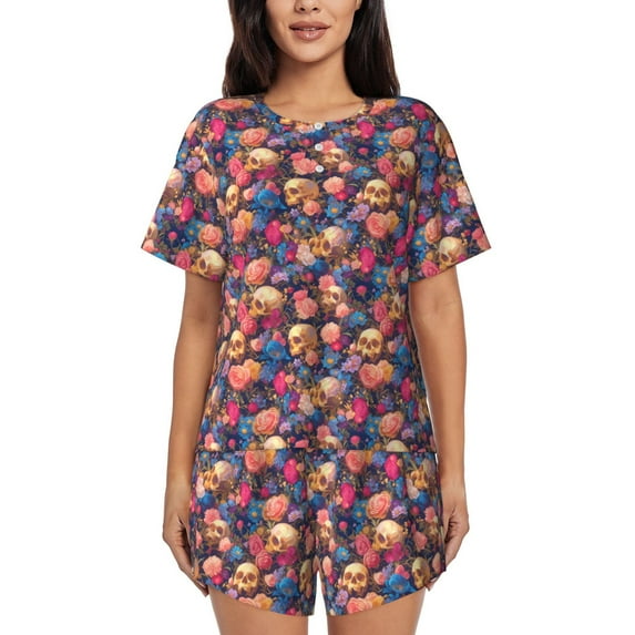 Honeii Skull colorful daisy for Women's Summer Pajama Set featuring Soft Short Sleeve Shirt & Matching Bottoms with Convenient Pockets for Relaxed Home Wear-3X-Large