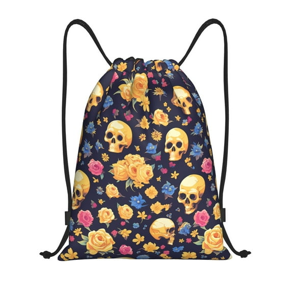 Honeii Skull gold flower Print Drawstring Backpack,Drawstring Bags String Backpack Gym Cinch Sack Backpack Sport Bag Draw-Small