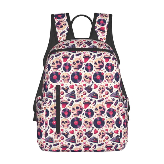 Honeii Skull lips record Guitar Print Lightweight Backpacks,Carry on Backpack,Durable Backpack for School, Work & Travel