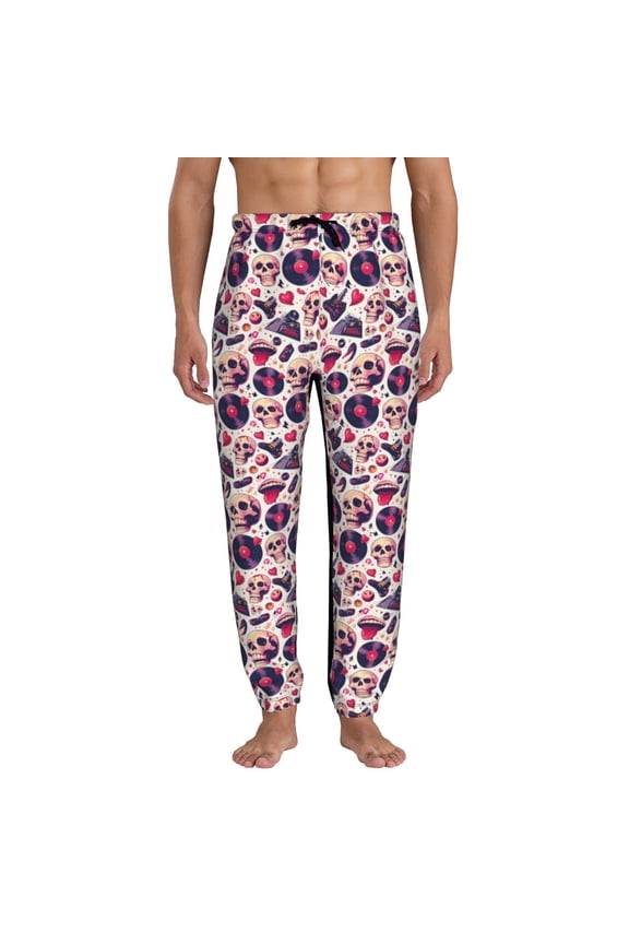 Skull lips record Guitar Print Mens Jogger Sweatpants, Men's Lounge Pants with Pockets-Medium