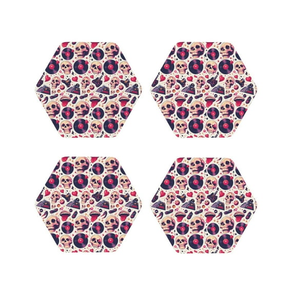 Honeii Skull lips record Guitar print Leather Coaster Set of 4, ideal for safeguarding your furniture from drinks spills and effortless cleanup-Hexagon
