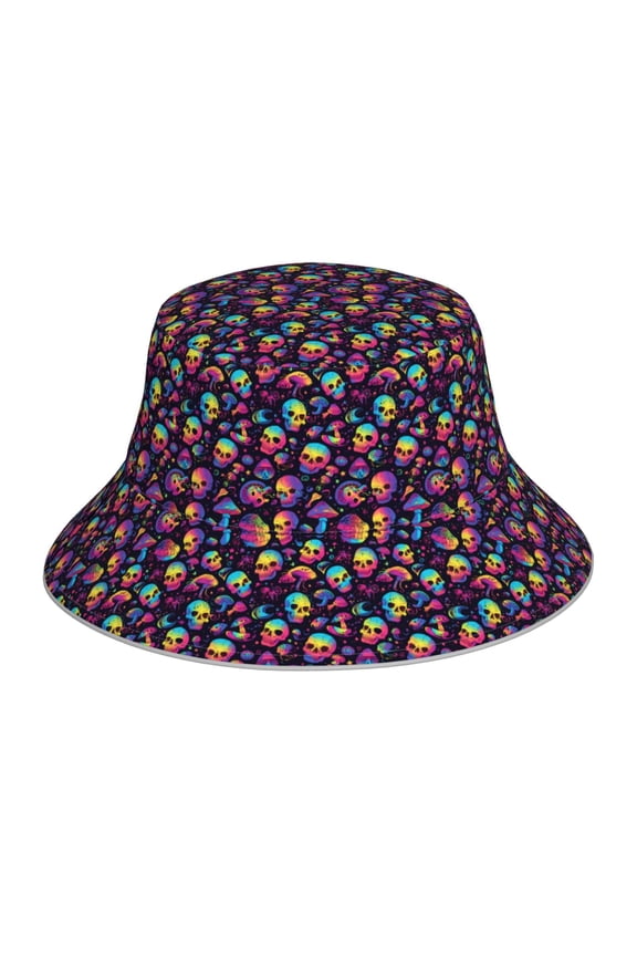 Skull mushroom rainbow color for Unisex Bucket Hat Waterproof Rain Hat Reversible Shiny Rave Bucket Hat for Concert Festival Boonie Cap