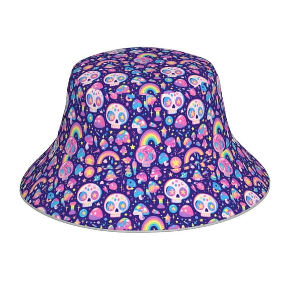 Honeii Skull mushroom rainbow for Unisex Bucket Hat Waterproof Rain Hat Reversible Shiny Rave Bucket Hat for Concert Festival Boonie Cap