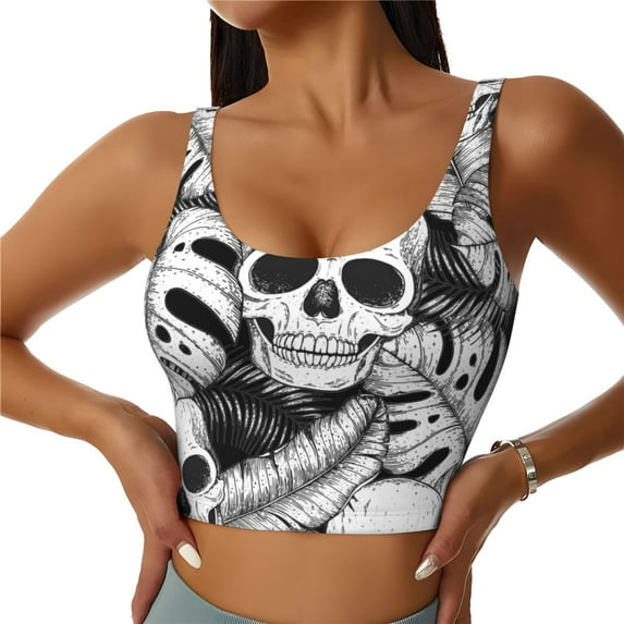 Honeii Skull and palm leaves patten Workout Crop Tank Top for Women Yoga Tank Tops Athletic Sports Shirts Exercise Undershirts,Sports Bra,Sports vest-XX-Large