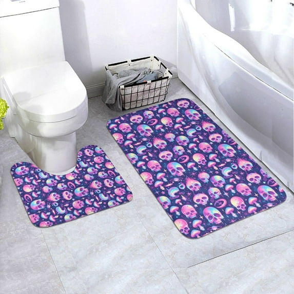 Honeii Skull rainbow color Pattern Bathroom Anti-Skid Pad Bathroom Mat Vintage Seamless Pattern Not-Slip Toilet Rug Set
