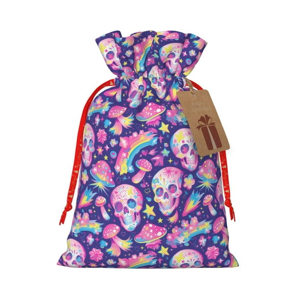 Honeii Skull rainbow mushroom colorful Print Small Burlap Bags,Christmas Drawstring Treat Bags Gift Bags Reusable Candy Goodie Wrapping Bags for Holiday Party Favors Supplies -Small