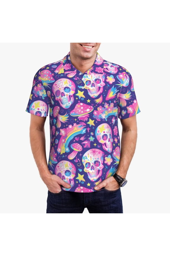 Skull rainbow mushroom colorful print Polo Shirt, a classic short-sleeved, button-down golf shirt designed for menXX-Large