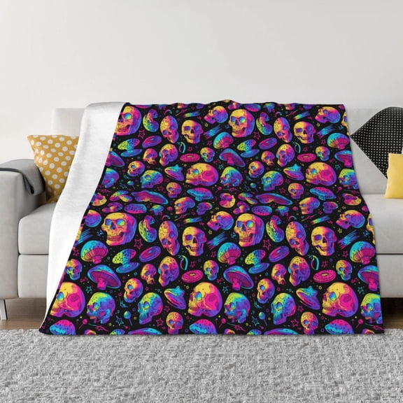 Honeii Skull rainbow star mushroom print throw blanket, crafted from cozy cotton flannel, offers versatile home decor as a bedding suitable for all seasons.-