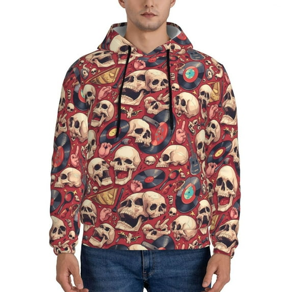 Honeii Skull record Guitar music Pattern Mens Hoodies Men's Loose Sleeve Sweatshirt,Pullover Hooded Sweatshirt for Men,Essentials Hoodie-Medium