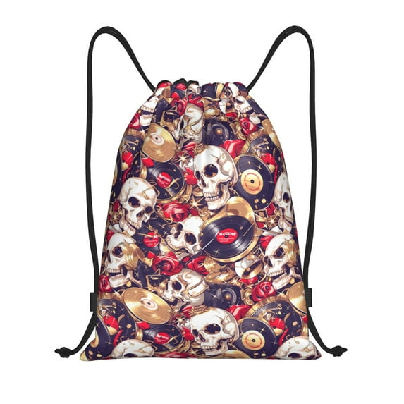 Honeii Skull record artist Print Drawstring Backpack,Drawstring Bags String Backpack Gym Cinch Sack Backpack Sport Bag Draw-Small