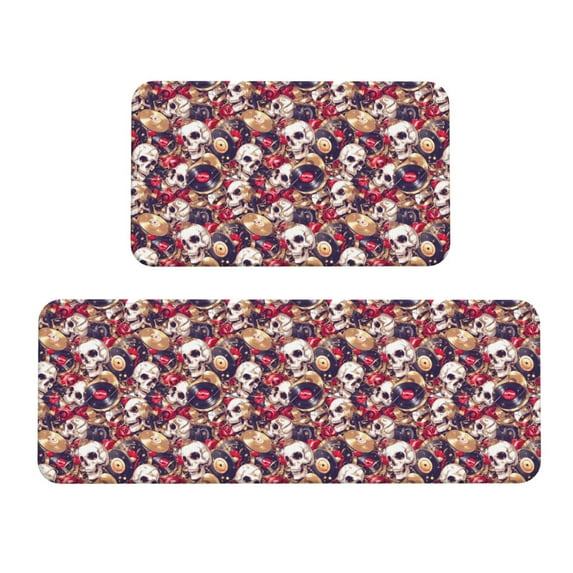 Honeii Skull record artist Print Kitchen Mat [2 PCS] for Floor, Waterproof Non-Slip Rugs, Kitchen Decor,Standing Mat for Floor,Office, Sink, Laundry