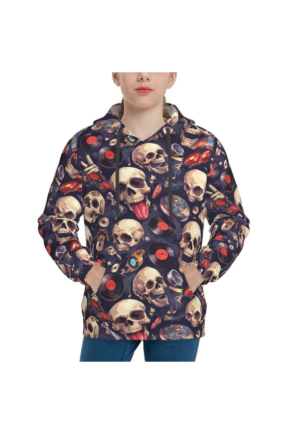 Skull record rock Pattern Long-Sleeve Hooded Sweatshirt Pullover Hoodie for Boys and Grils-X-Large