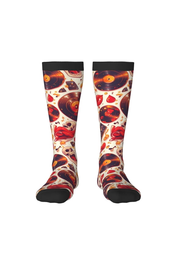 Skull rock record music heart Print Long Socks,Novelty Design Socks Gift for Men and Women,Crew Socks,Calf Socks