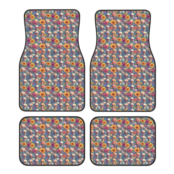 Honeii Skull sunflower daisy Print Car Foot Mat Four-Piece Set - Front & Rear Universal Car Floor Mats for SUVs, Trucks, Sedans