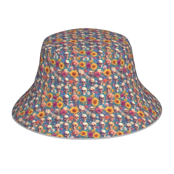 Honeii Skull sunflower daisy for Unisex Bucket Hat Waterproof Rain Hat Reversible Shiny Rave Bucket Hat for Concert Festival Boonie Cap
