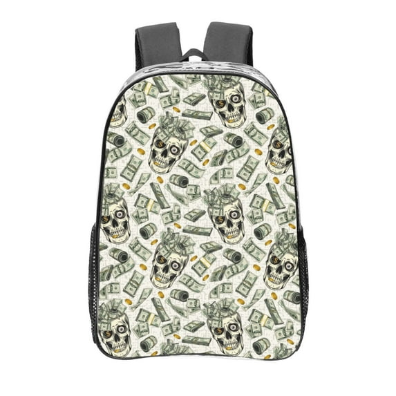 Honeii Skull with Cash Print Clear Backpack Heavy Duty Transparent Bag 17" See Through BookBag for Women Men Adults Work Festival Sports Travel