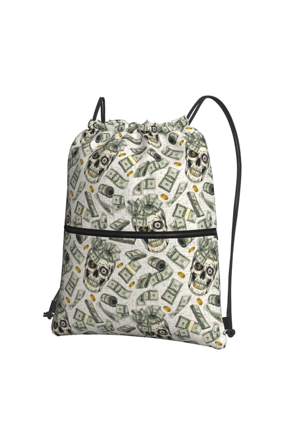 Skull with Cash Print Drawstring Backpack,String Bag,Sackpack Cinch Water Resistant Nylon for Gym Shopping Sport Yoga