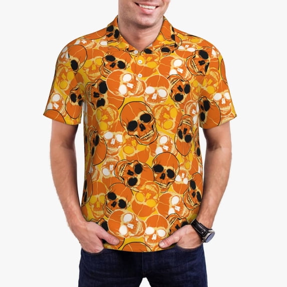 Honeii Skulls print Polo Shirt, a classic short-sleeved, button-down golf shirt designed for men3X-Large