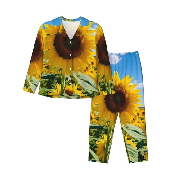 Honeii Sky Golden Sunflower Field B Print Women's Pajama Sets Long Sleeve Button Down Sleepwear Nightwear Soft Pjs Lounge Sets 2PCS-X-Large