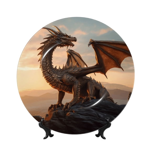 Honeii Sky Sunset Bronze Dragon Print Elegant Bone China Decorative Plate, Porcelain Plate,Art Crafts,Ceramic Ornaments for Home Office Wall Decor-10in