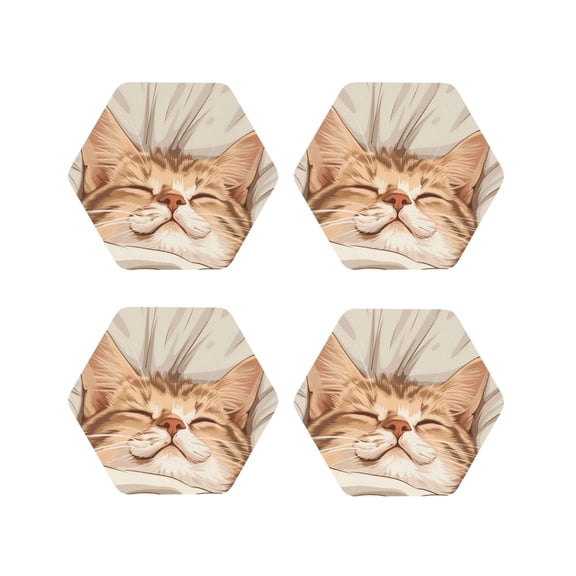Honeii Sleeping Cat In Blanket Print Leather Coaster Set of 4, Ideal for Safeguarding Your Furniture from Drinks Spills and Effortless Cleanup-Hexagon