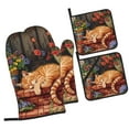 thumbnail image 1 of Honeii Sleeping Cat Flowers Pattern Oven Mitts and Pot Holders, Silicone Oven Gloves,500 F Heat Resistant Oven Mitts Sets, 4PCS, 1 of 6