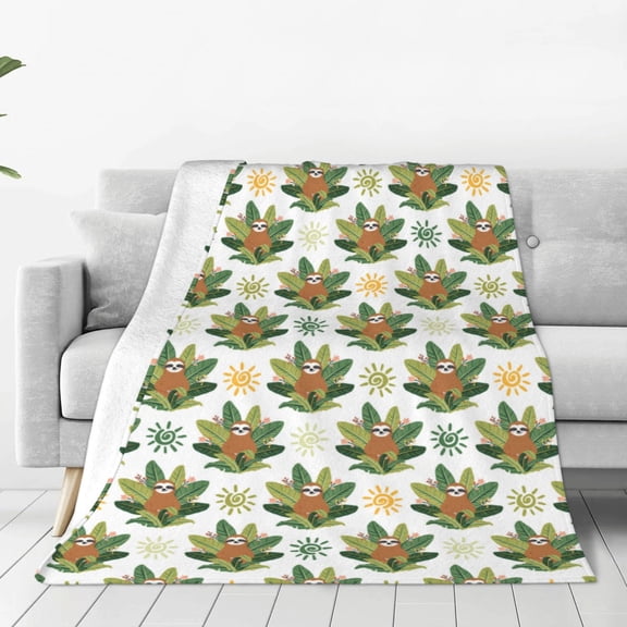 Honeii Sloth Sitting Tropical Leaves Print Fleece Blanket - Throw Blanket for Bed, Sofa, Couch, Camping, and Travel , Microplush Ultra Soft Warm Blanket-50"x40"