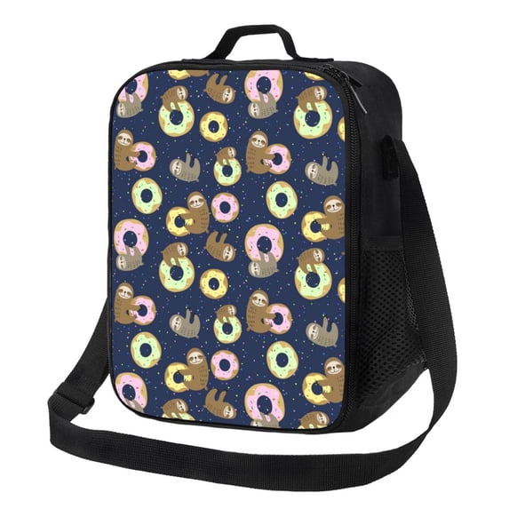 Honeii Sloth with Donuts Print Insulated Lunch Bag, Reusable Lunch Box for Adult, Leakproof Cooler Bag for Work Office Travel Picnic