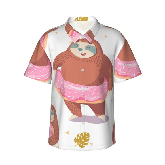 Honeii Sloth with Donuts1 Print Men’s Hawaiian Shirt,Classic Button-Down Short Sleeve Shirt, for Beach, Vacation, and Outdoor Activities,XX-Large