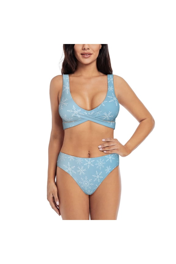 Snowflake Snowing Print Women’s Bikini Set,Two Piece Swimsuit Bathing Suits,Stylish High Elasticity Swimwear for Beach and Pool