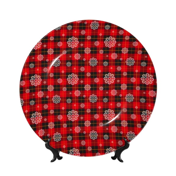 Honeii Snowflakes On A Buffalo Plaid Print Elegant Bone China Decorative Plate, Porcelain Plate,Art Crafts,Ceramic Ornaments for Home Office Wall Decor-10in