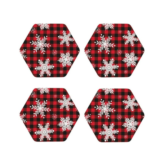 Honeii Snowflakes On A Buffalo Plaid print Leather Coaster Set of 4, ideal for safeguarding your furniture from drinks spills and effortless cleanup-Hexagon
