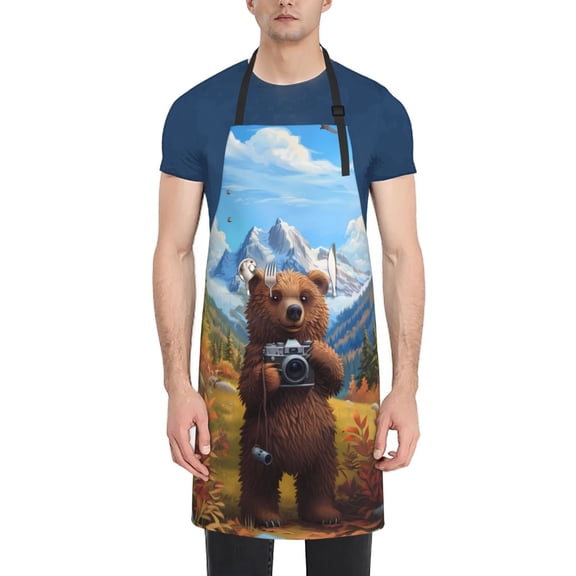 Honeii Snowy Mountain Photography Bear Print Waterproof Apron, Adjustable Kitchen Apron with Pockets,for Gardening, Dishwashing, Meat Processing, Car Washing, and Pet Grooming