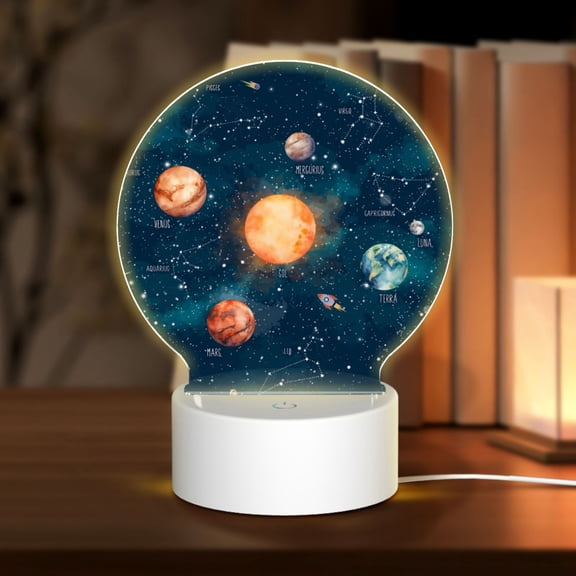 Honeii Solar System And Planets Print Acrylic LED Night Lamp,Round Touch-Control Night Light with 3 Lighting Modes,for Bedrooms, Living Rooms, and Gifting