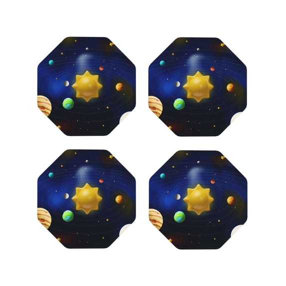 Honeii Solar System Print Leather Coaster Set of 4, Ideal for Safeguarding Your Furniture from Drinks Spills and Effortless Cleanup-Octagon