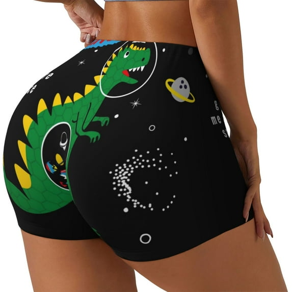 Honeii Space Dino Cartoon Black Print Women's Workout Shorts, Gym Shorts for Active Wear, Sports Shorts,Women's Running Shorts,Quick Dry Athletic Shorts-Medium