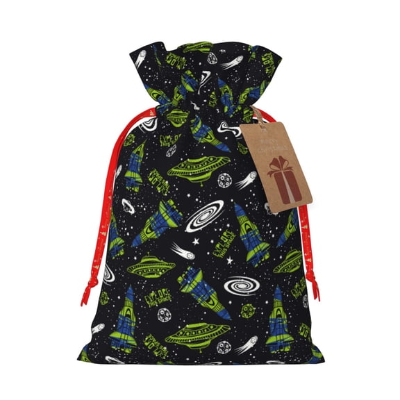 Honeii Space Rockets Print Small Burlap Bags,Christmas Drawstring Treat Bags Gift Bags Reusable Candy Goodie Wrapping Bags for Holiday Party Favors Supplies -Small