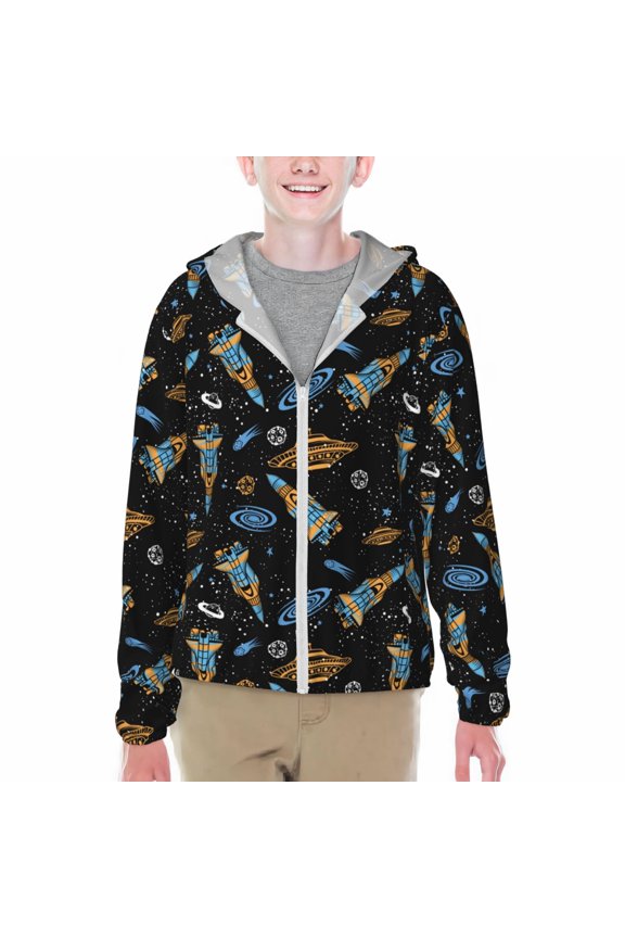 Space Rockets Print Sun Protection Jacket Hooded Cooling Shirt with Pockets Hiking Outdoor Performance-