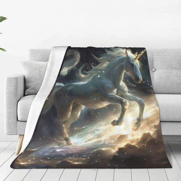 Honeii Space White Horse Print Fleece Blanket - Throw Blanket for Bed, Sofa, Couch, Camping, and Travel , Microplush Ultra Soft Warm Blanket-