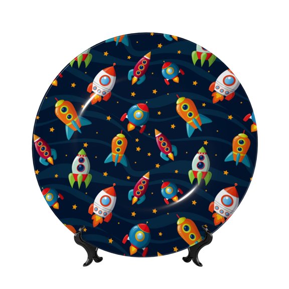 Honeii Spaceships and Stars Print Elegant Bone China Decorative Plate, Porcelain Plate,Art Crafts,Ceramic Ornaments for Home Office Wall Decor-6in