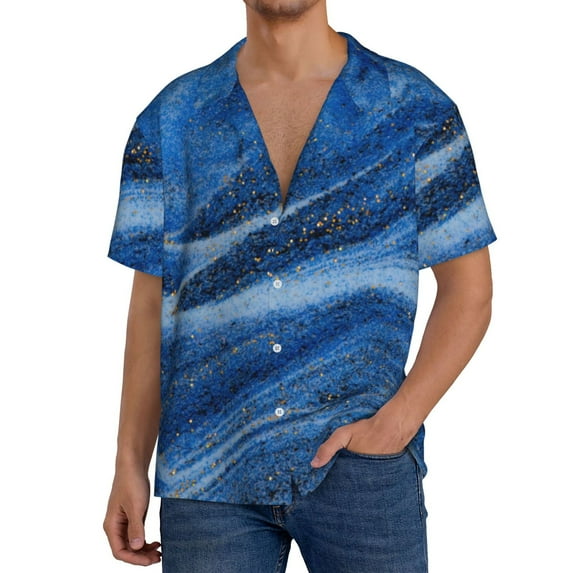Honeii Sparkling With Blue for Men's Short-Sleeved Button-Up Collared Shirt Featuring A Pocket, Perfect for Beach Vacations, And Travel Adventures.-Large