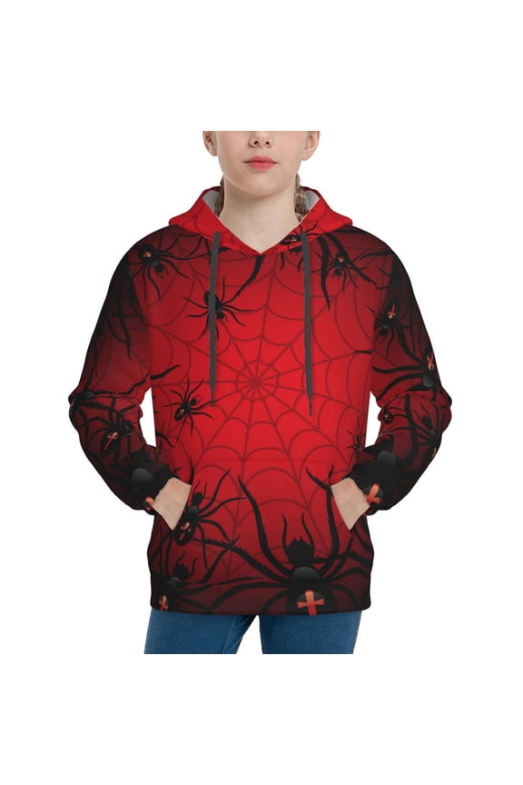 Spiders On The Web And Space Pattern Long-Sleeve Hooded Sweatshirt Pullover Hoodie for Boys and Grils-Small