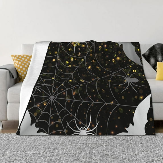 Honeii Spiderweb Bats And A Spider print throw blanket, crafted from cozy cotton flannel, offers versatile home decor as a bedding suitable for all seasons.-