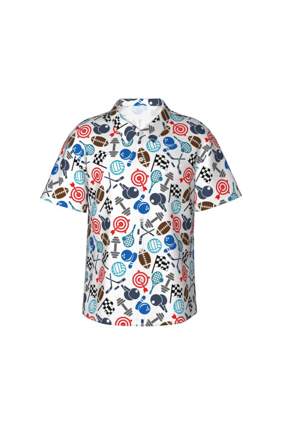 Sport Items Print Men’s Hawaiian Shirt,Classic Button-Down Short Sleeve Shirt, for Beach, Vacation, and Outdoor Activities,XX-Large