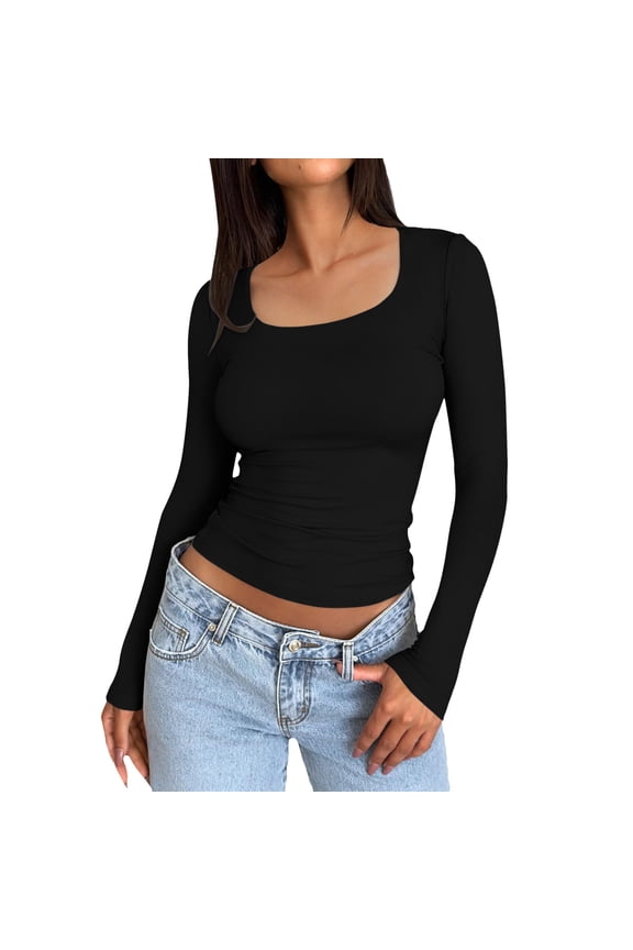 Women's Slim Fit Long Sleeve Crop Top Tee Shirt Basic Solid Round Neck Tight Yoga Workout Shirt Comfortable Stylish Casual Tops