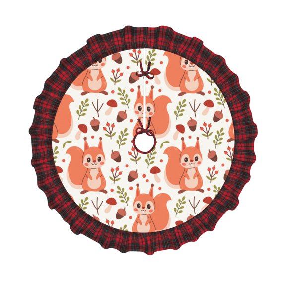 Honeii Squirrel And Pattern Christmas Tree Skirt, Christmas Ribbon Holly Winter Holiday Tree Mat Decoration-