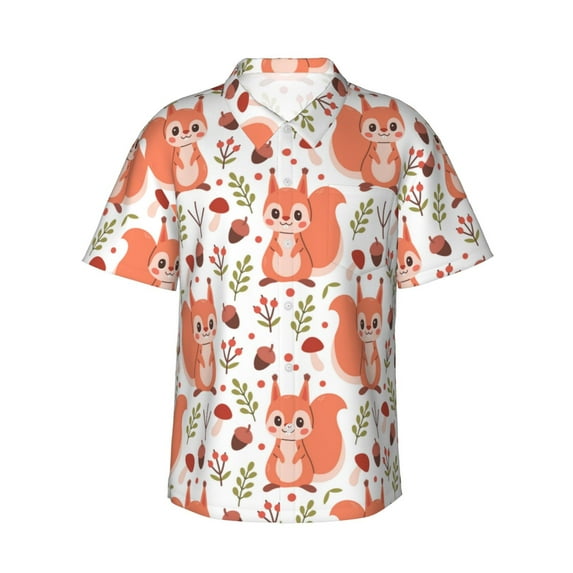 Honeii Squirrel And Print Men’s Hawaiian Shirt,Classic Button-Down Short Sleeve Shirt, for Beach, Vacation, and Outdoor Activities,X-Large