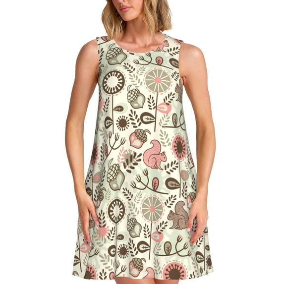 Honeii Squirrel In The Forest Print Women's Sleeveless Dress, Loose Fit Casual Dress for Women, Summer Fashion Dress