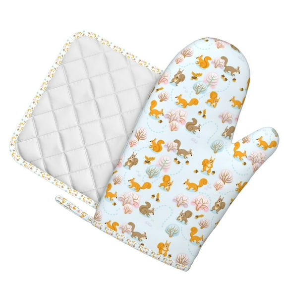Honeii Squirrel In The Forest patten Oven Mitts and Pot Holders Sets, Baker Oven Mitts, Mittens for Kitchen Decor, Baking Lover over Gloves Gifts