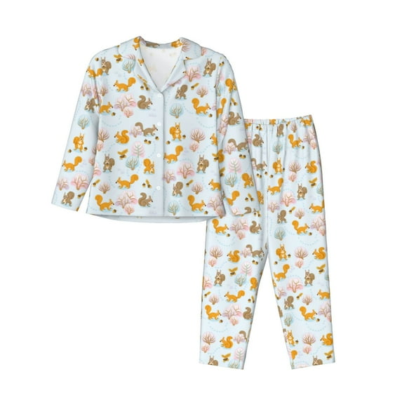 Honeii Squirrel In The Forest print Women's Pajama Sets Long Sleeve Button Down Sleepwear Nightwear Soft Pjs Lounge Sets-Medium